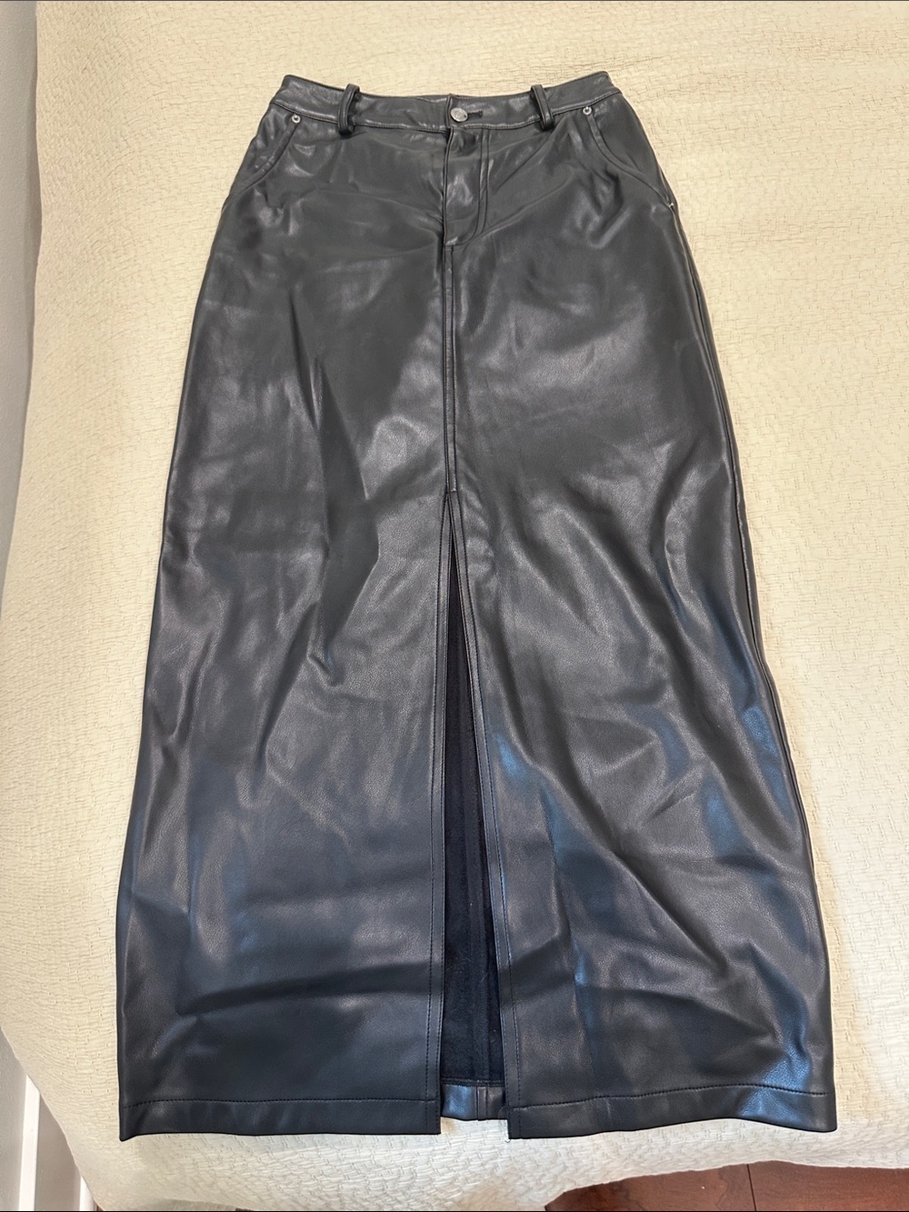 Avec Les Filles Black Faux Leather Maxi Skirt with Center Front Slit